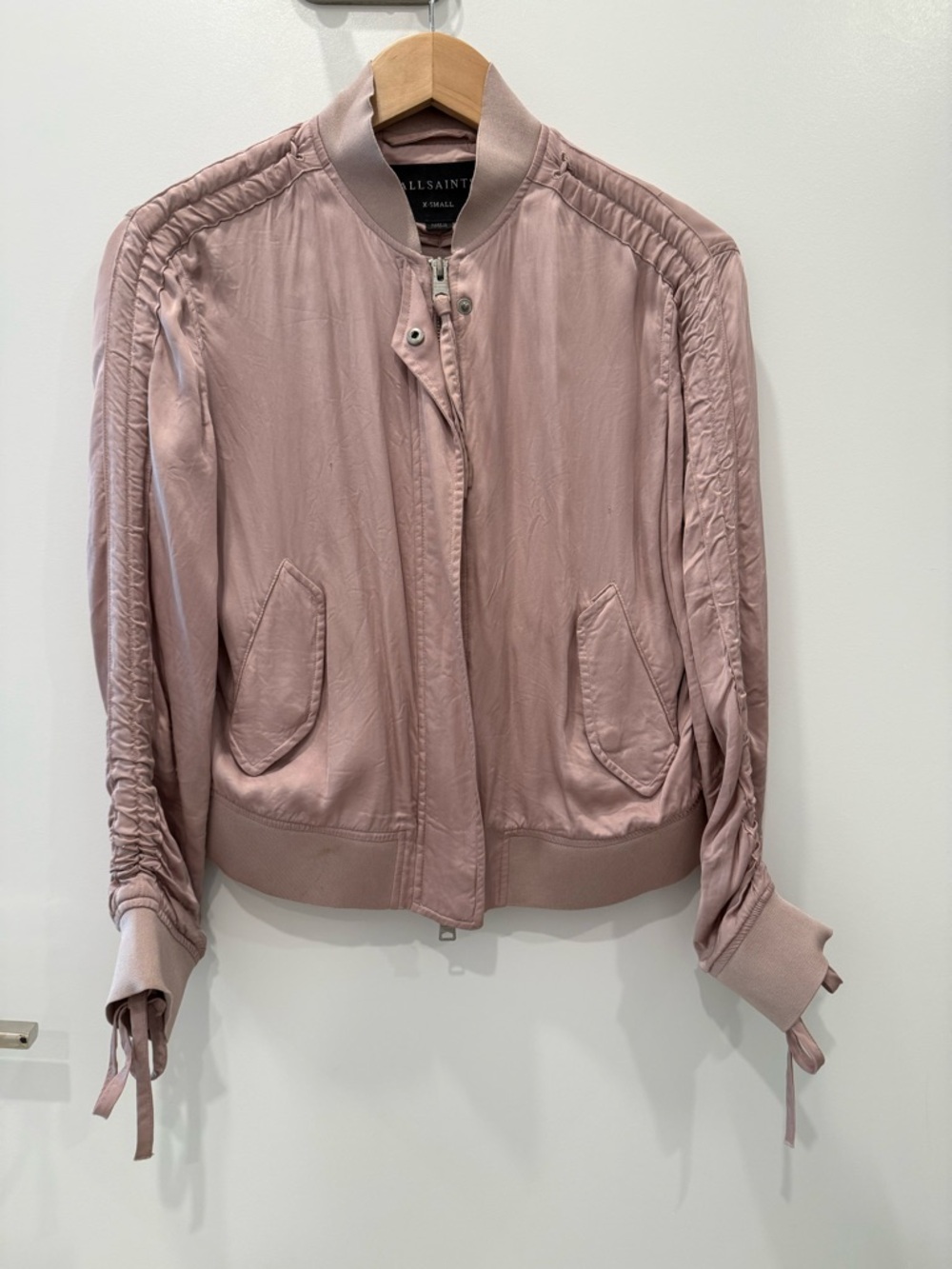AllSaints Silk Blend Bomber Jacket Blush Pink Ruched Sleeve XS